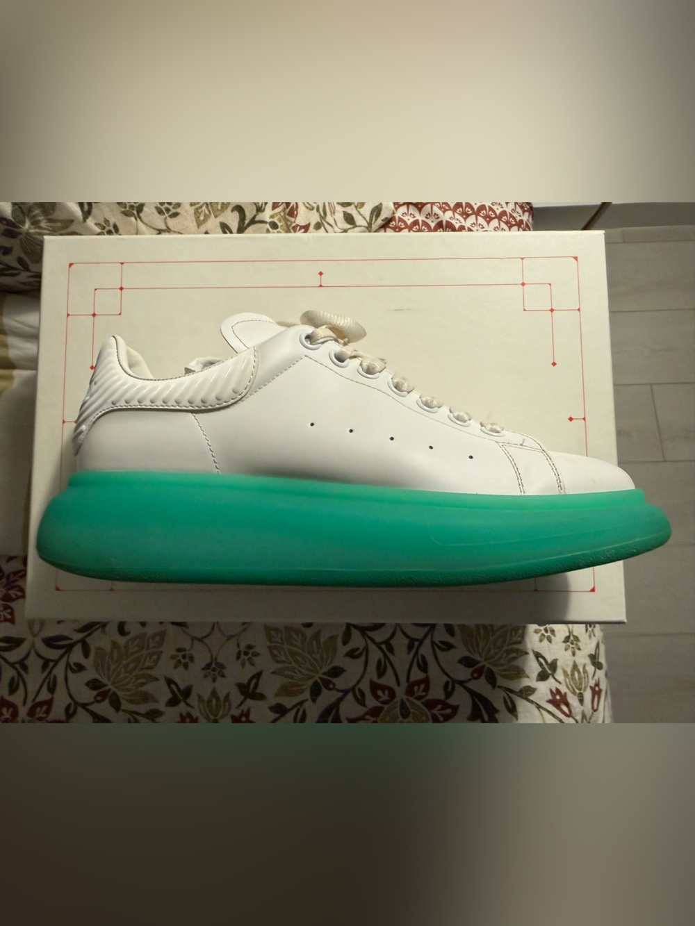 Alexander McQueen White Leather Sneaker with Teal Platform Sole